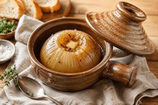 Whole baked onion in a ceramic microwave cooker with the lid set to the side.