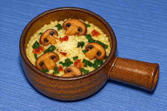 Mushroom risotto served in a brown ceramic microwave cooker