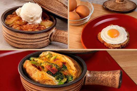Microwave recipes made with a brown ceramic microwave cooker, including baked apples, egg, and loaded potato