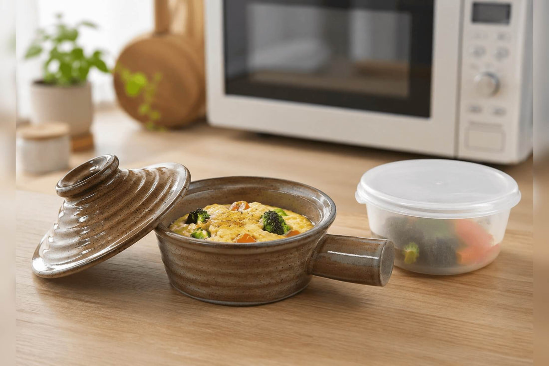 Ceramic microwave cooker beside a plastic microwave container on a kitchen counter.