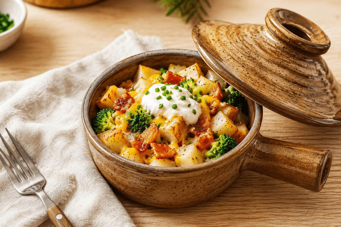 Loaded diced potatoes topped with melted cheese and herbs in a ceramic microwave cooker.