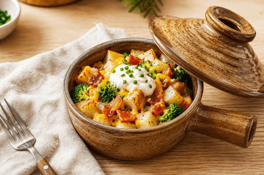Loaded diced potatoes topped with melted cheese and herbs in a ceramic microwave cooker.