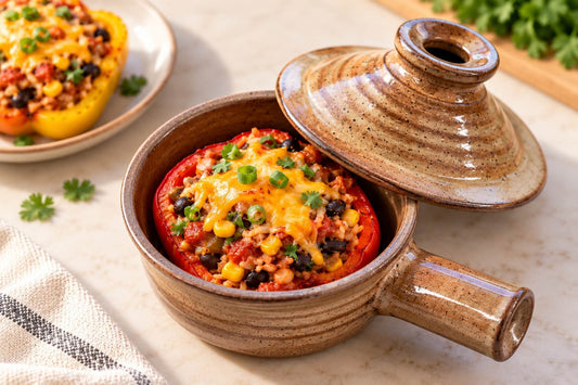 Easy microwave vegetarian stuffed pepper with rice, black beans, corn and melted cheddar in a brown ceramic microwave cooker.