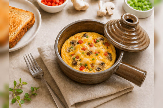 Egg omelet cooked in a ceramic microwave cooker with vegetables and cheese.