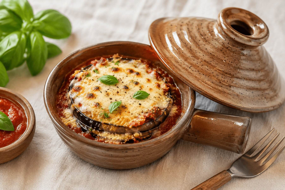 Eggplant Parmesan baked in a ceramic microwave cooker with melted cheese on top.