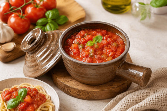 Fresh tomato sauce in a ceramic microwave cooker with tomatoes and herbs nearby.