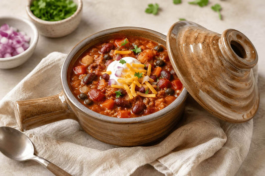 Healthy veggie chili in a ceramic microwave cooker topped with sour cream and shredded cheese.