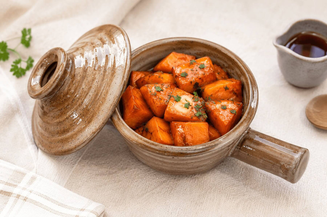 Maple sweet potatoes in a ceramic microwave cooker with a glossy caramelized finish.