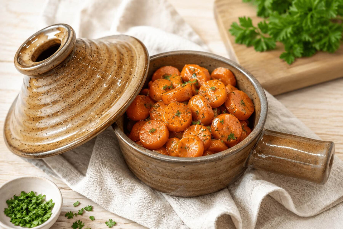 Honey glazed carrots served in a ceramic microwave cooker.
