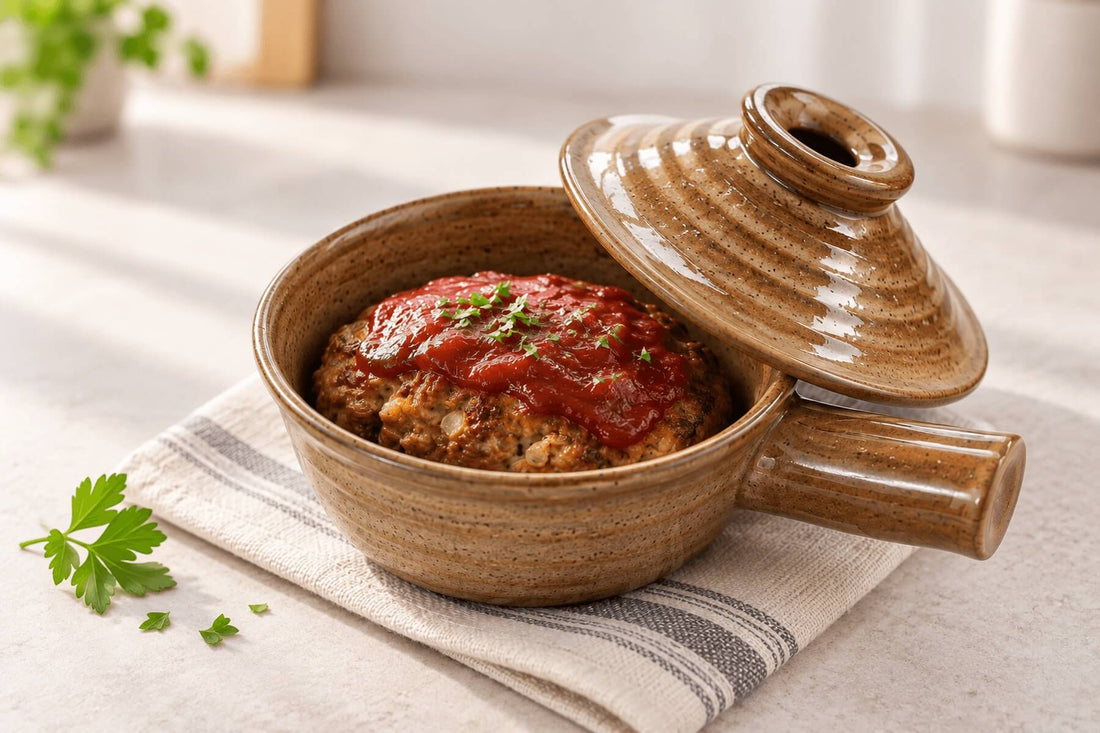 Mini meatloaf for two in a ceramic microwave cooker with the lid set aside.