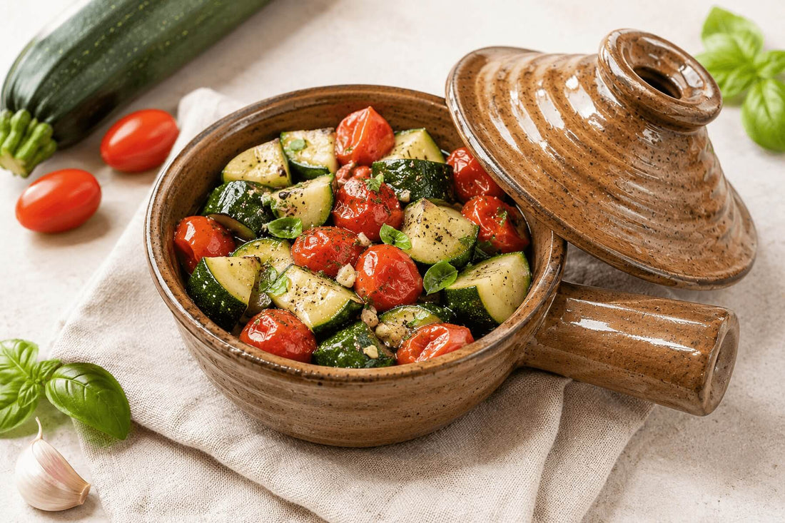 Zucchini and tomato saute in a ceramic microwave cooker.