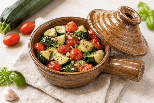 Zucchini and tomato saute in a ceramic microwave cooker.