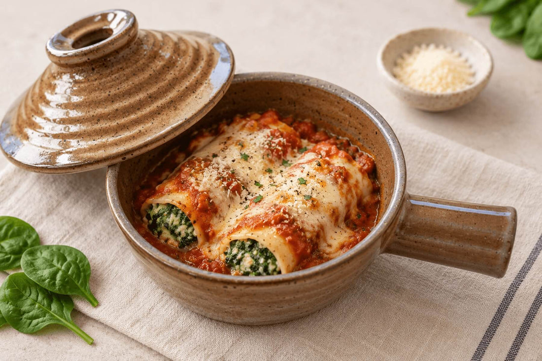 Spinach cannelloni with ricotta baked in a ceramic microwave cooker.