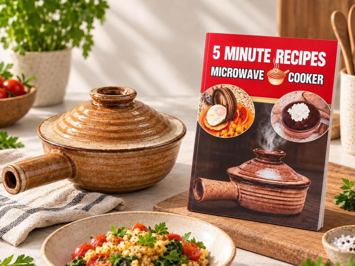 5 Minute Recipes cookbook with ceramic microwave cooker and prepared meal
