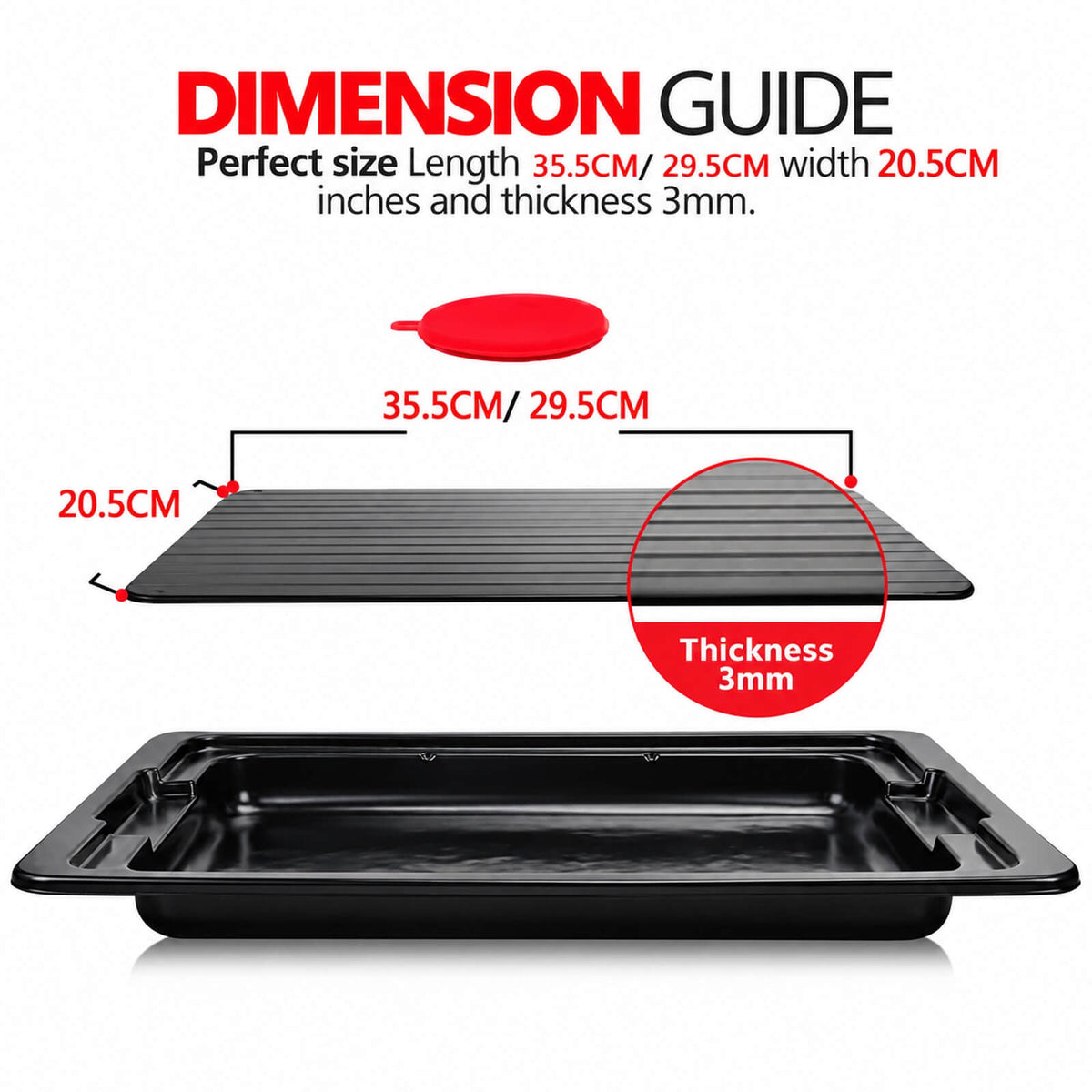 Aluminum defrosting tray size guide and dimensions
