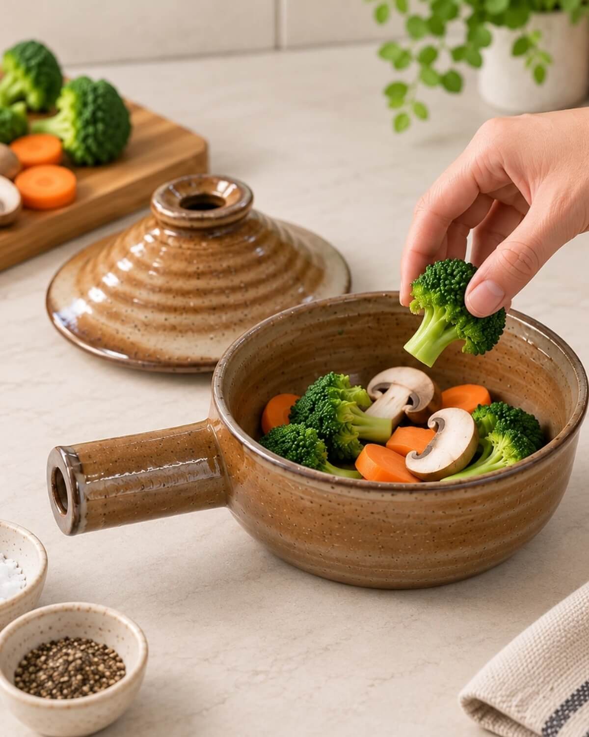 Adding broccoli, carrots and mushrooms to a ceramic microwave cooker