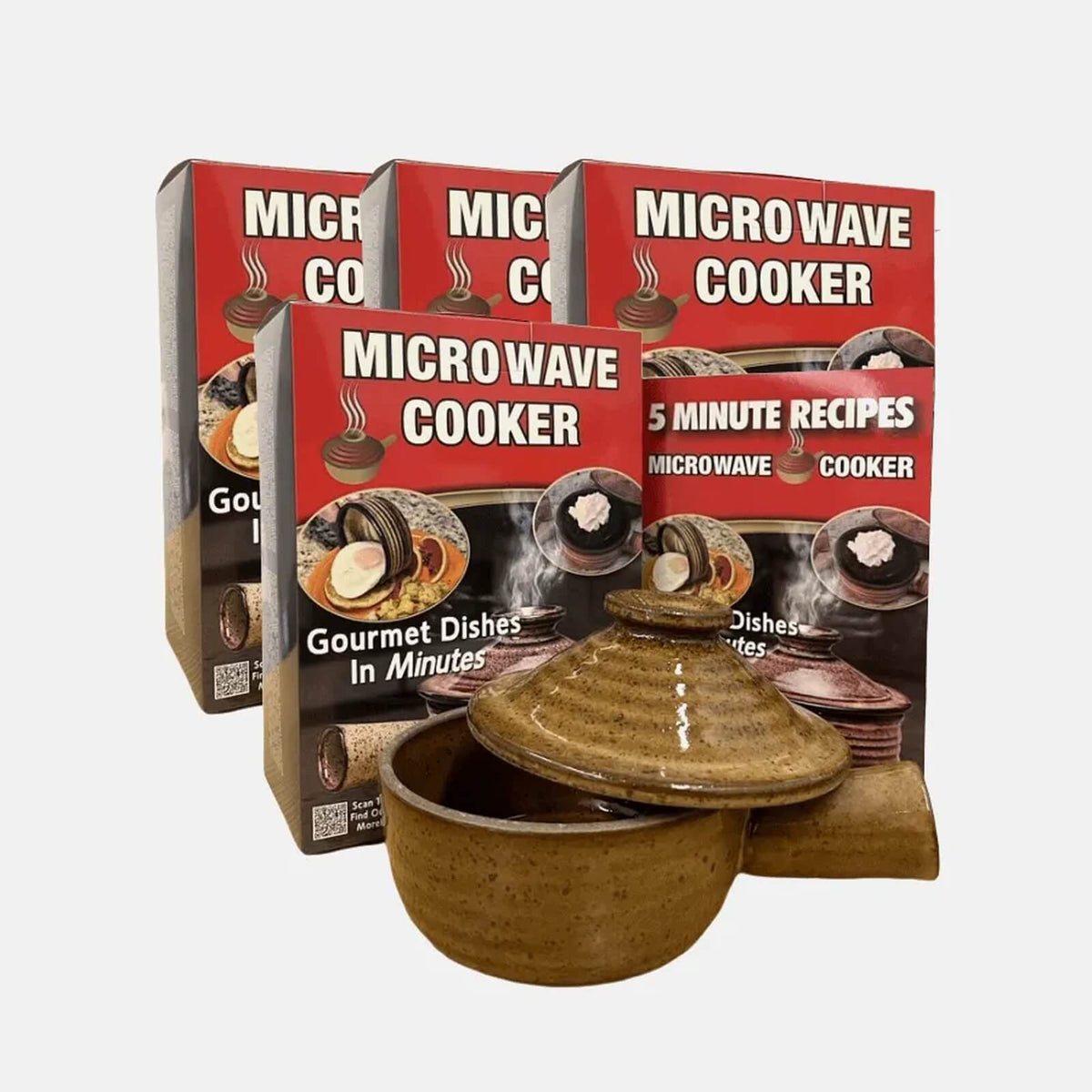 Ceramic microwave cooker family set with product packaging and recipe booklets