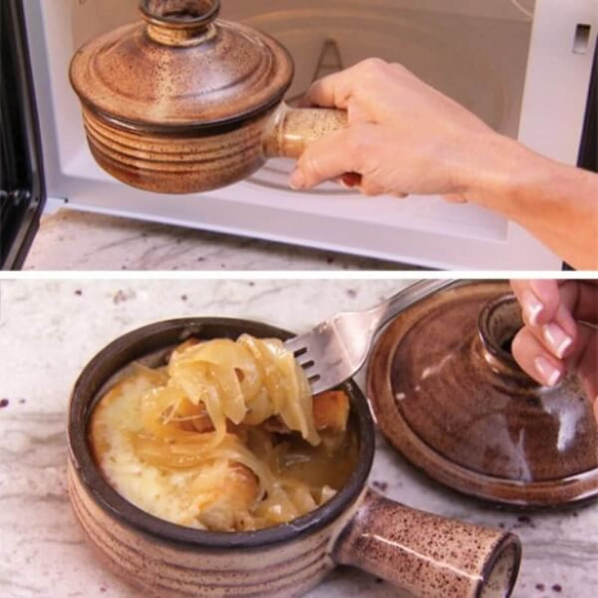 Ceramic microwave cooker being used to prepare French onion soup in the microwave
