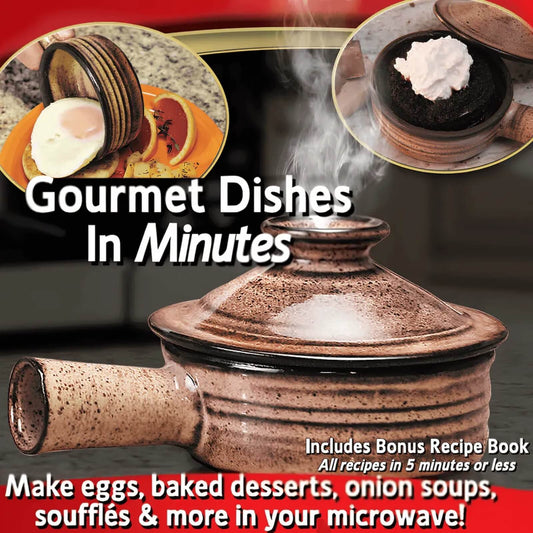 Ceramic microwave cooker with examples of quick egg and dessert dishes