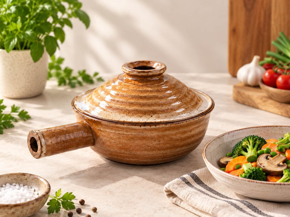 Ceramic microwave cooker with cooked vegetables on a bright kitchen countertop