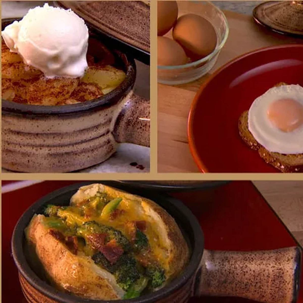 Meal ideas made in a ceramic microwave cooker, including eggs, dessert and vegetables