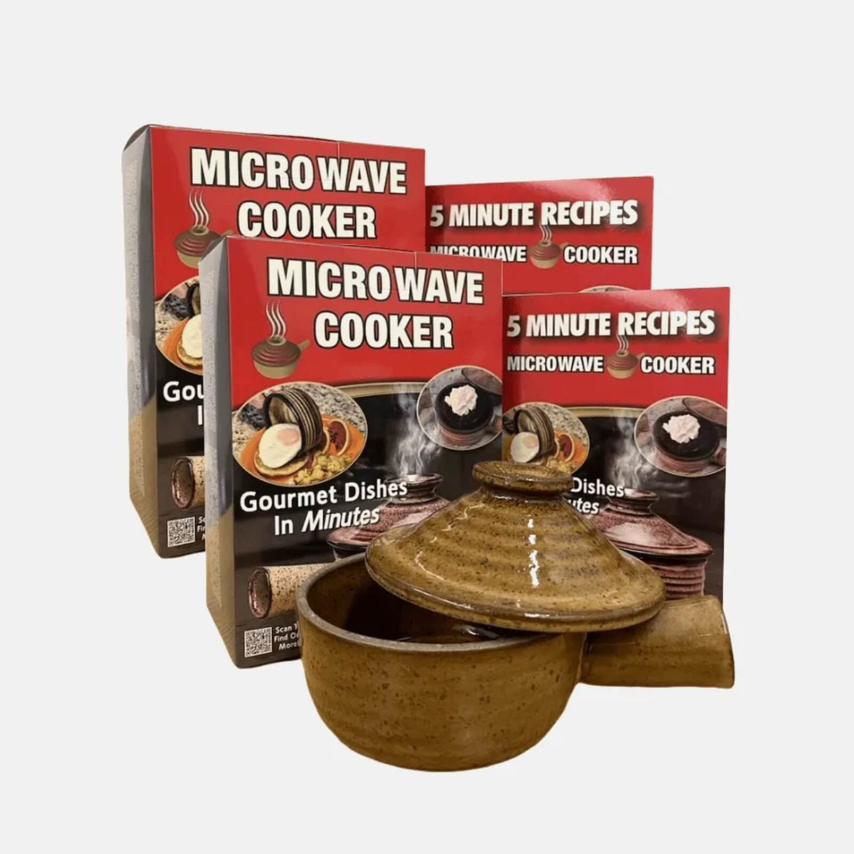 Ceramic microwave cooker family set with product packaging and recipe booklets