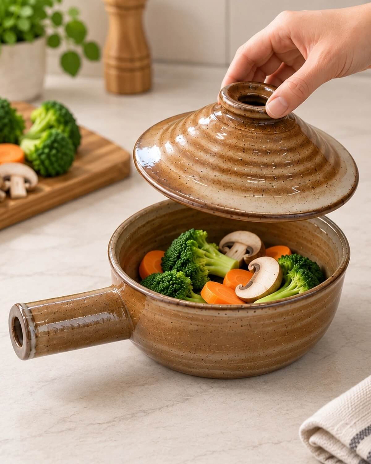 Ceramic microwave cooker with fresh vegetables and lid being lifted