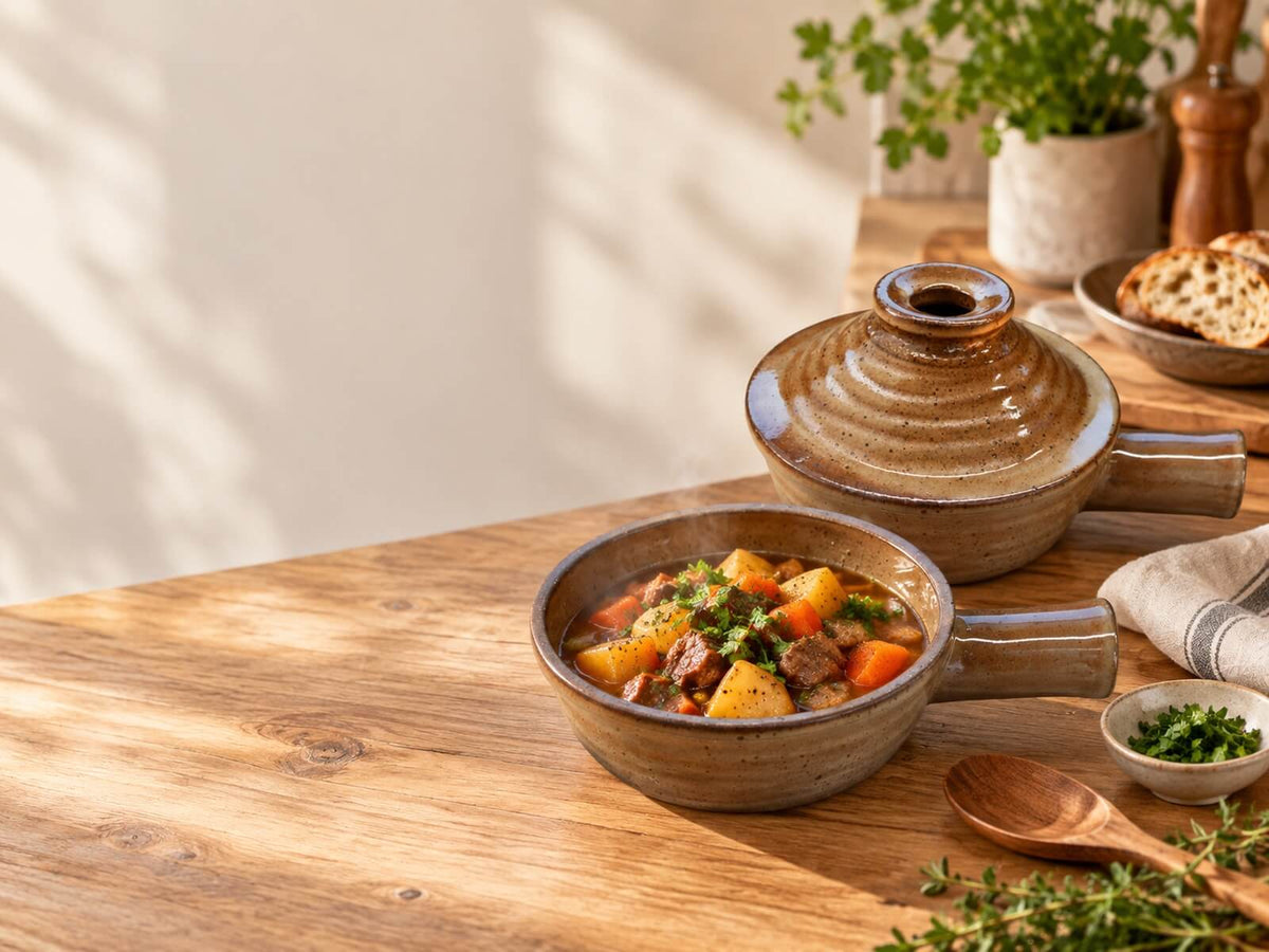 Ceramic microwave cooker with a finished beef and vegetable stew in a warm kitchen setting