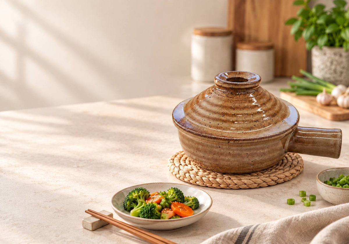 Ceramic microwave cooker with vegetables in a warm everyday kitchen setting
