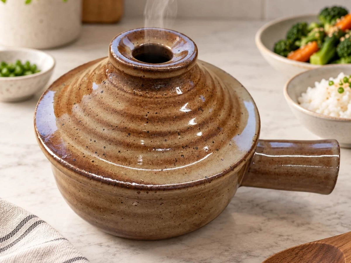 Steaming ceramic microwave cooker with center steam-release chimney